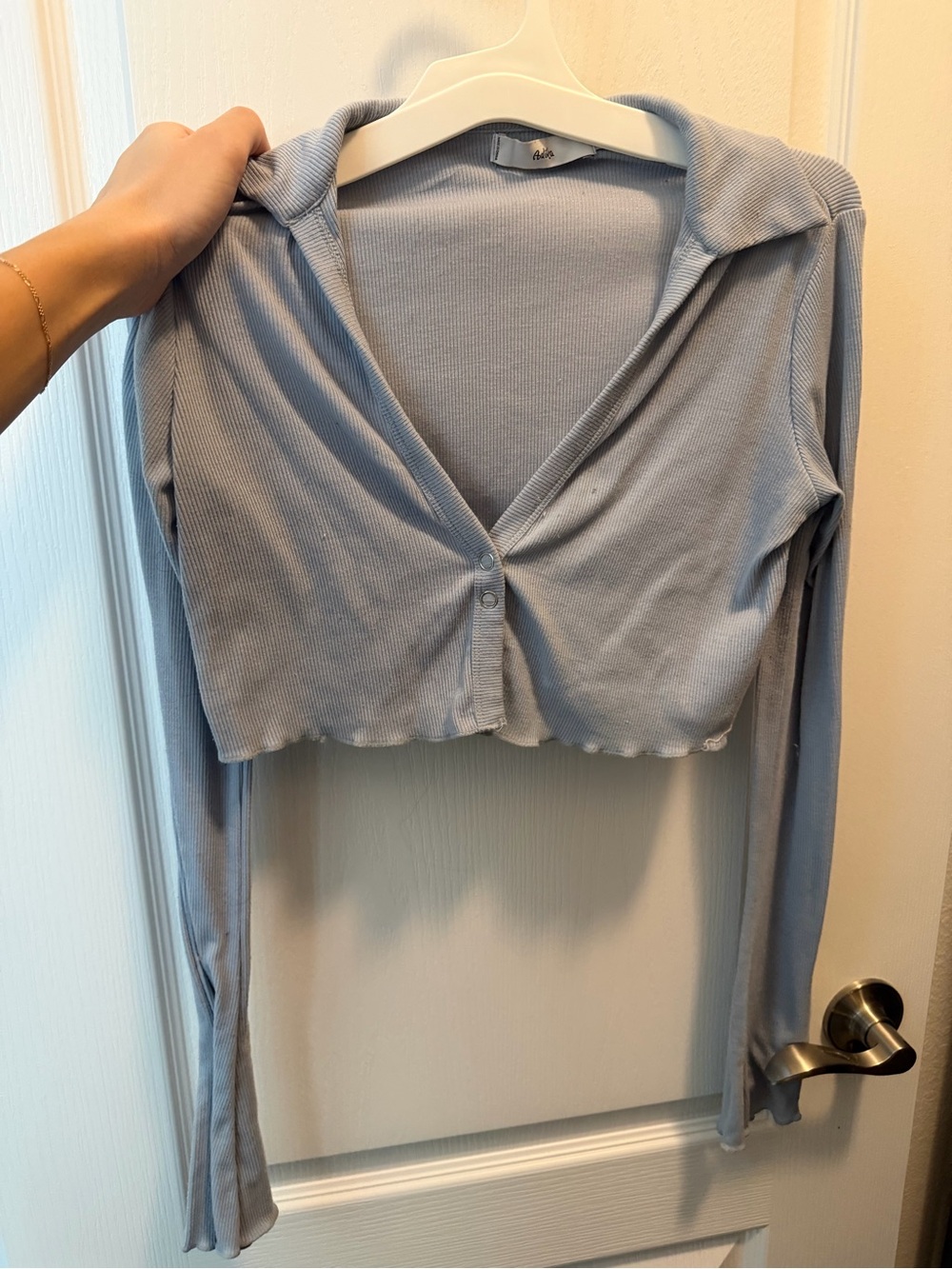 Light Blue Cropped Rib-Knit Button Front Top